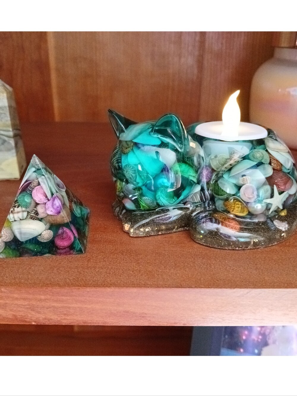 Seashell beach kitty votive candle holder with matching pyramid handmade new